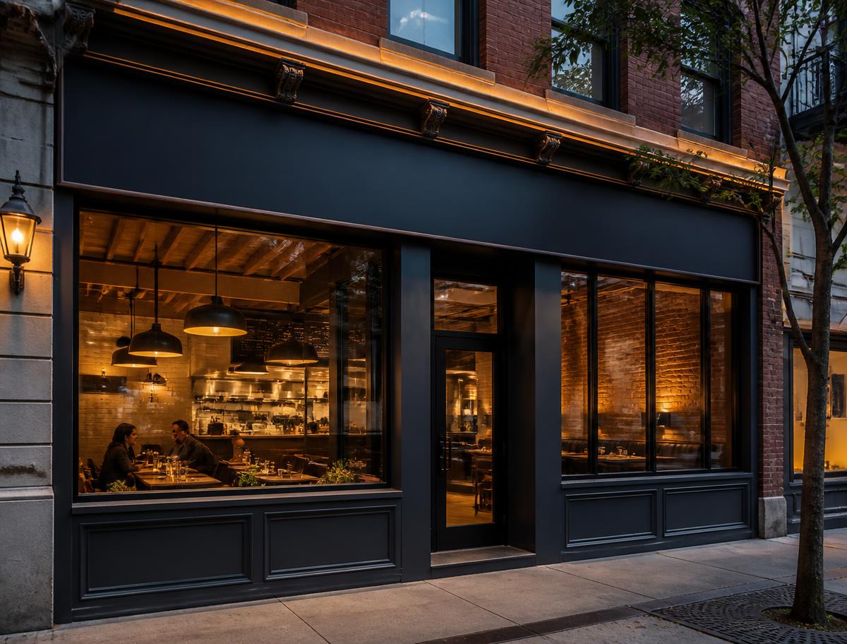 Restaurant storefront at dusk with a blank sign band above the entrance